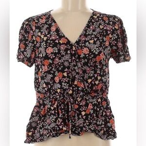 LOFT SHORT SLEEVE VNECK BLACK FLORAL TIE WAIST PEPLUM TOP blouse SIZE S
